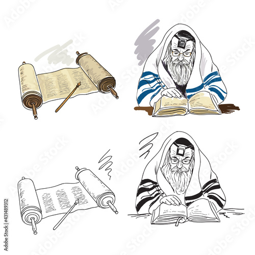Torah scroll. Yad - special pointer for reading the Torah scroll. The rabbi reads the Jerusalem Talmud. Hand drawing illustration.
 photo