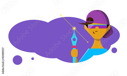 Boy with a pen tool in his hand. Illustration in cartoon style