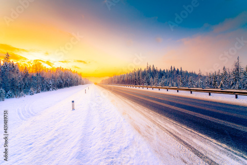 Sunrise on a clear winter morning, the headlights of approaching cars on a country road into a snowfall passing through a pine forest. View from the side of the road