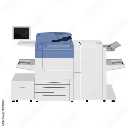 Office multifunction printer scanner. Copier paper isolated on background.