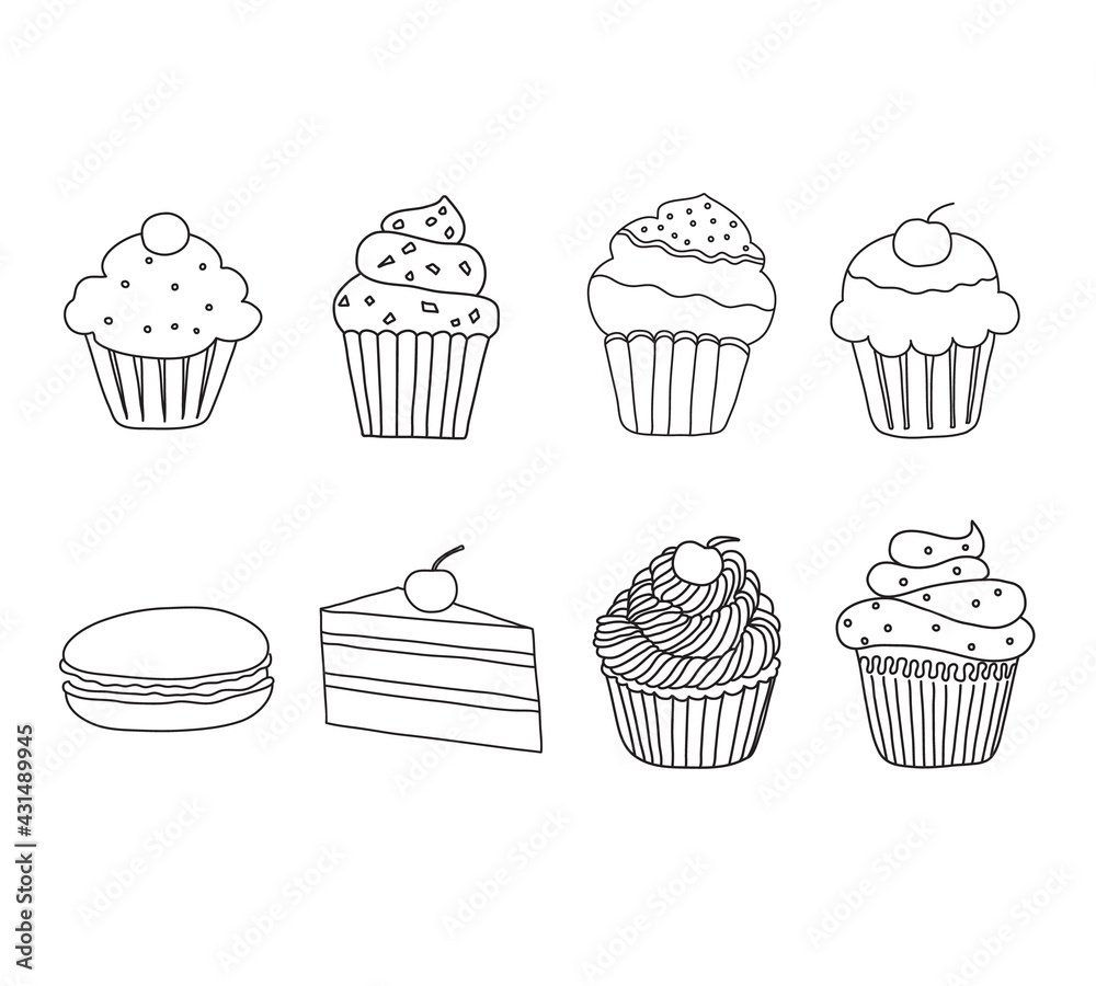 cute hand drawn Doodle cupcakes set. vector illustration