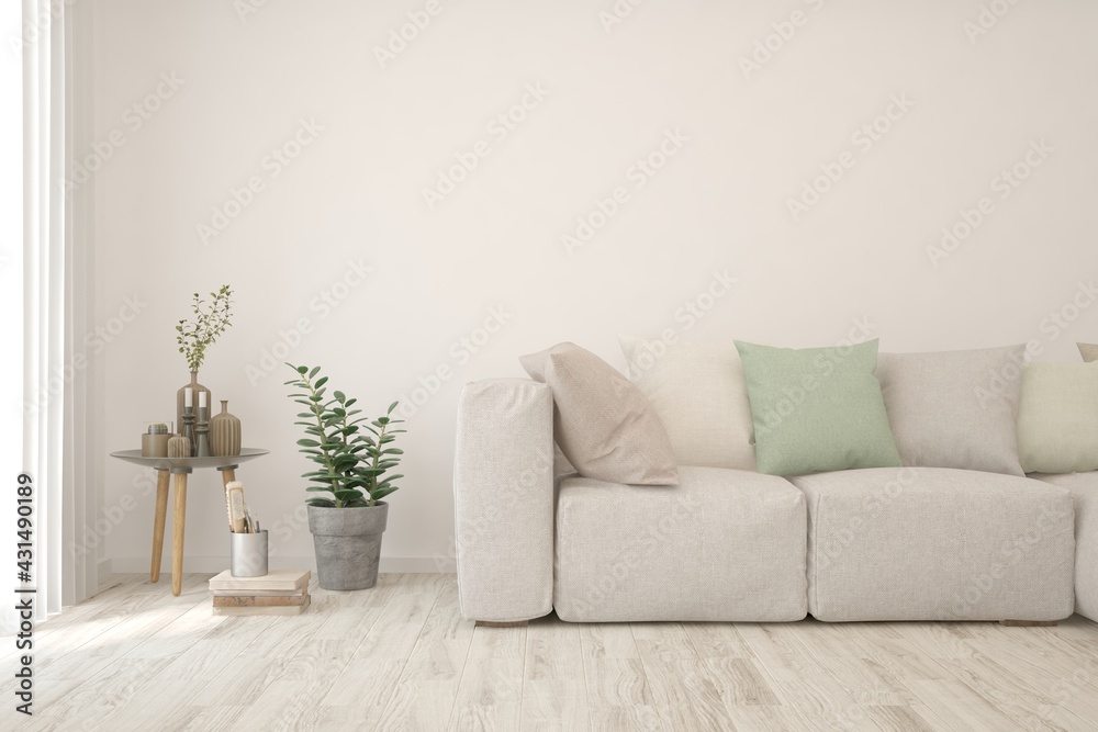 Fototapeta White living room with sofa. Scandinavian interior design. 3D illustration