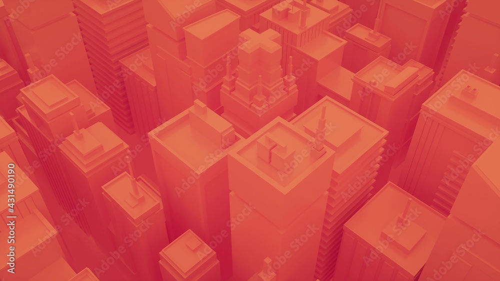Abstract orange city with skyscrapers. Abstract isometric city. 3d rendering