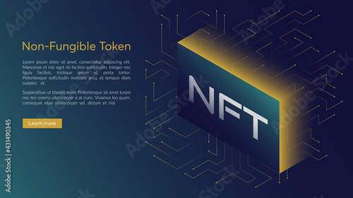 NFT concept, blockchain technology, cryptocurrency. Non-fungible token Work. Futuristic background, with elements in techno style microchips. Banner template design for web. Copyspace.