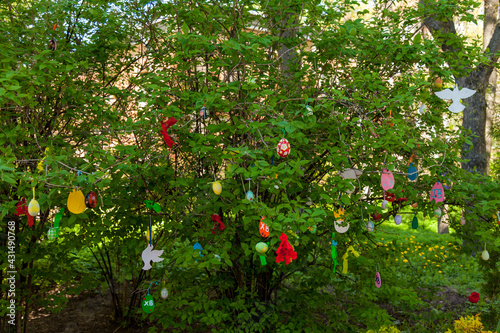 Russia. May 16, 2019. Bushes and trees decorated for the Easter Holiday in Kronstadt.