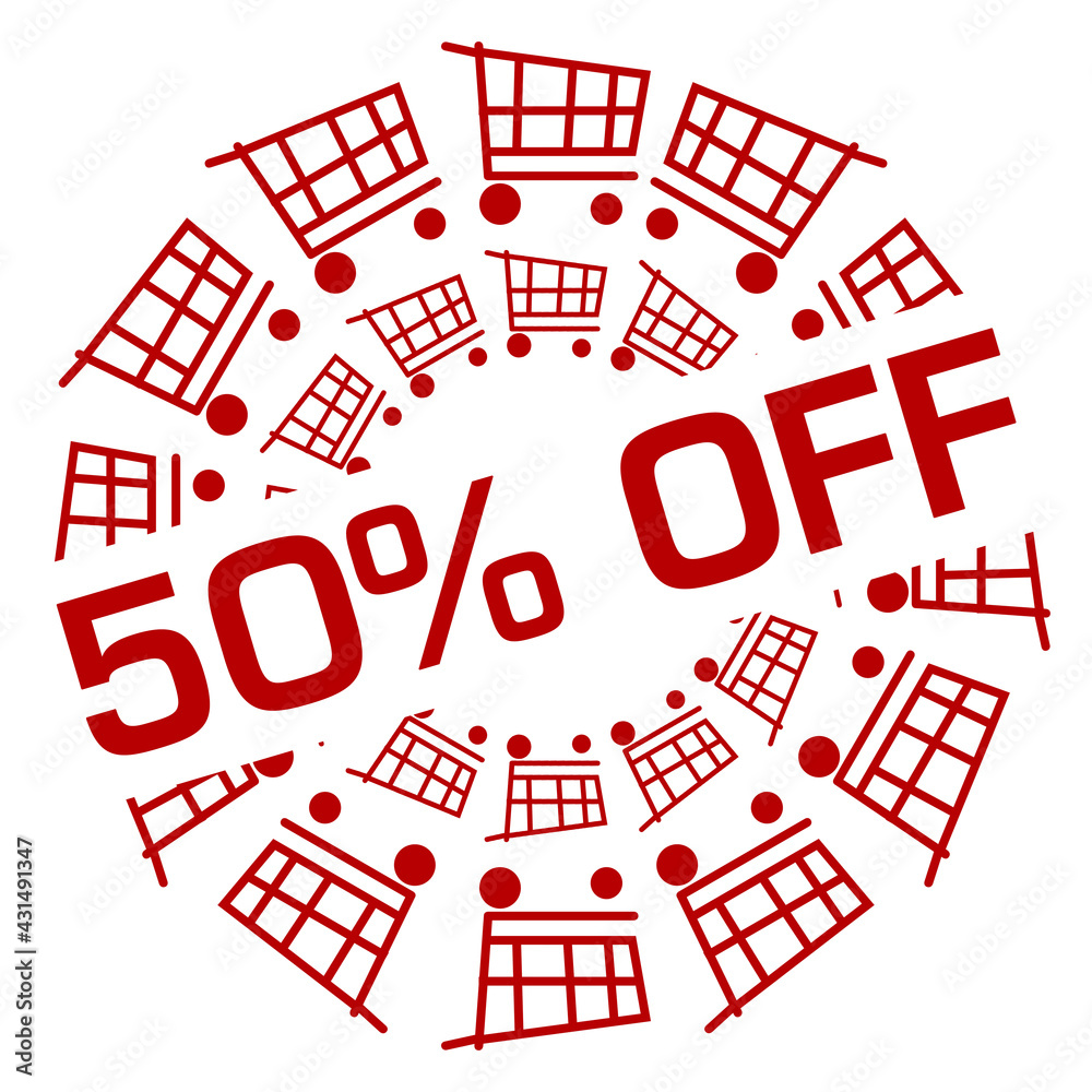 Fototapeta premium Discount Fifty Percent Off Red Shopping Cart Circular Badge Style