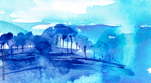 Watercolor blue wood. Blue,  silhouette, landscape, trees and bushes, on a hill, river, lake, reflected in water. Snow, snowdrift, river, abstract splash of paint. Watercolor abstract  blue spot © helgafo