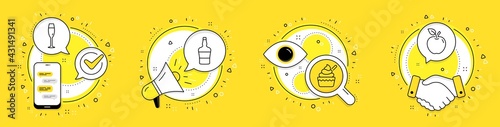 Scotch bottle, Ice cream and Champagne glass line icons set. Cell phone, megaphone and deal vector icons. Apple sign. Brandy alcohol, Sundae cup, Winery. Fruit. Food and drink set. Vector
