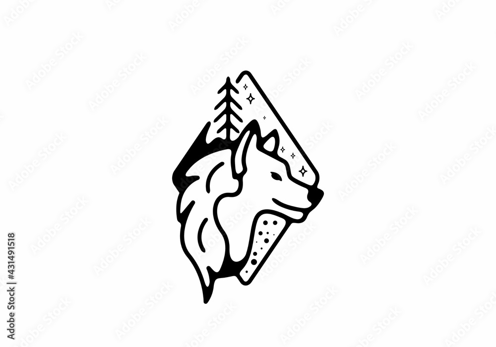 Black line art illustration of wild wolf in diamond shape Black line art illustration of wild wolf in diamond shape