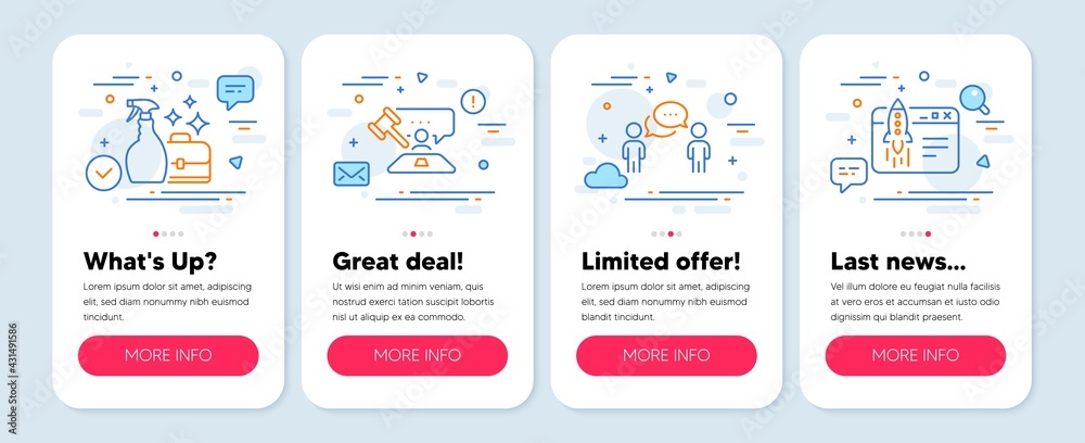 Set of line icons, such as Judge hammer, Cleanser spray, Consulting business symbols. Mobile screen banners. Start business line icons. Judgement, Washing liquid, Team meeting. Launch idea. Vector Set of line icons, such as Judge hammer, Cleanser spray, Consulting business symbols. Mobile screen banners. Start business line icons. Judgement, Washing liquid, Team meeting. Launch idea. Vector