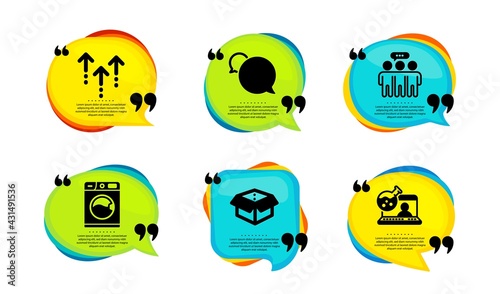 Swipe up, Employees group and Messenger icons simple set. Speech bubble with quotes. Washing machine, Open box and Online chemistry signs. Scrolling arrow, Collaboration, Speech bubble. Vector