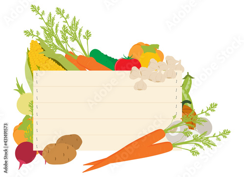 A wooden vegetables sign background surrounded by a border of fresh vegetables food produce photo