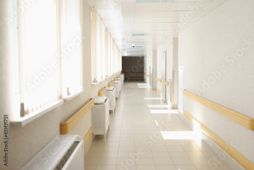 Solar bright light shining from windows of hospital corridor