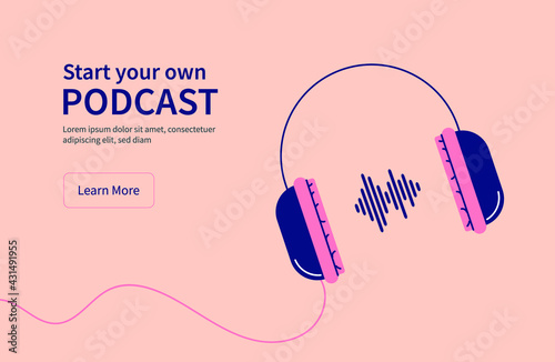 Layout of large headphones with sound waves 