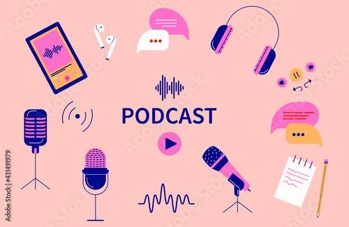 Podcast bundle of items that include headphones, mobile phone, speech bubbles, a notepad and sound waves