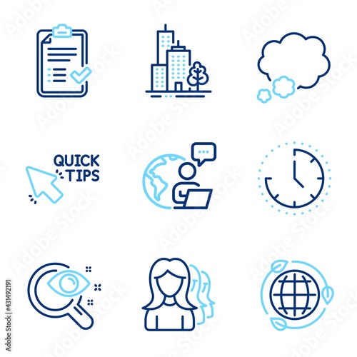 Business icons set. Included icon as Quick tips, Skyscraper buildings, Approved checklist signs. Time, Talk bubble, Women headhunting symbols. Vision test, Eco energy line icons. Vector
