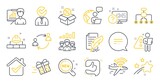 Set of Business icons, such as Feather signature, Construction bricks, Presentation board symbols. Online quiz, Sale, Teamwork results signs. User communication, Like, Text message. Vector