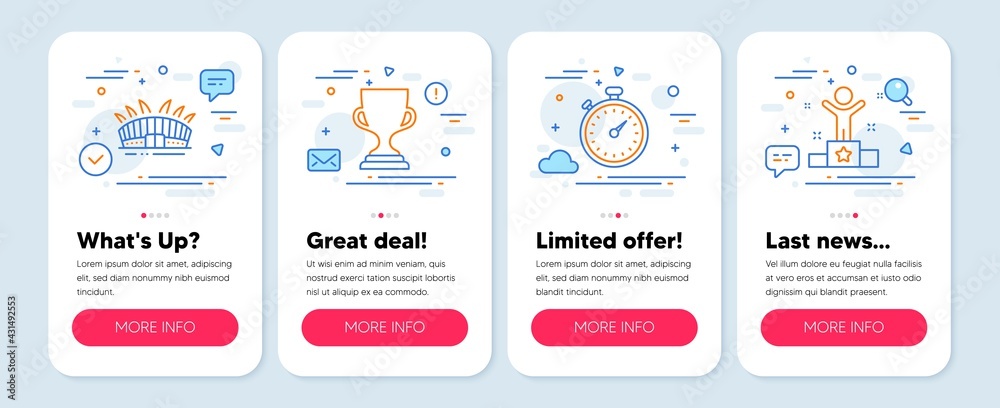 Set of Sports icons, such as Award cup, Arena stadium, Timer symbols. Mobile app mockup banners. Winner line icons. Trophy, Sport complex, Stopwatch gadget. Success award. Award cup icons. Vector