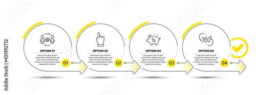Click hand, Loan percent and Engineering team line icons set. Timeline process infograph. 360 degree sign. Direction finger, Piggy bank, Engineer person. Virtual reality. Business set. Vector
