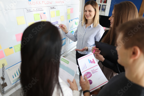 Woman coach explaining information at blackboard group of students photo