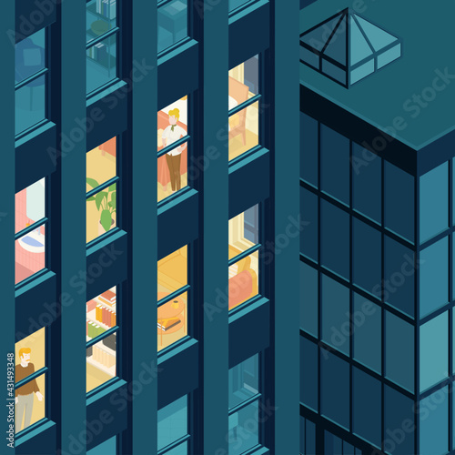 View of the apartment building and the city. Residential building, housing. Woman. Isometric cityscape, city view, city skyline. Vector illustration in flat design.
