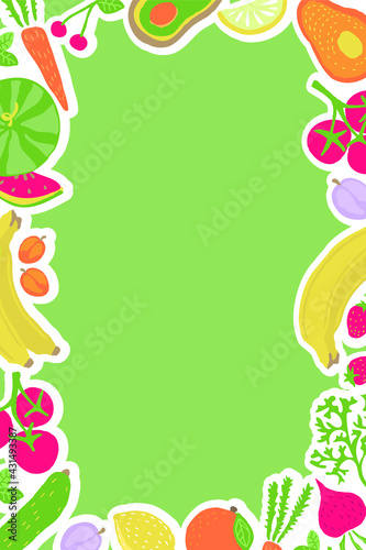 Vector frame with vegetables and fruits for blank decoration. Isolated on a white background. Menu, poster design, cute fun, hand-drawn, free hand.  Modern, stylish, eco background. Vegetable frame.