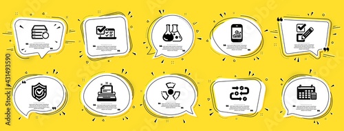 Education icons set. Speech bubble offer banners. Yellow coupon badge. Included icon as Calendar, Typewriter, Checkbox signs. Chemical hazard, Confirmed, Online survey symbols. Vector