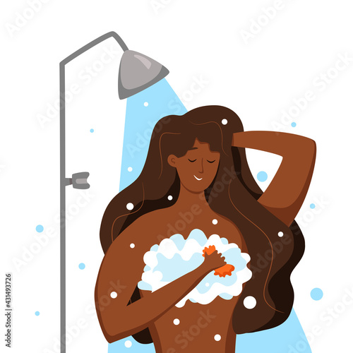 Young African American woman taking shower cartoon vector illustration.