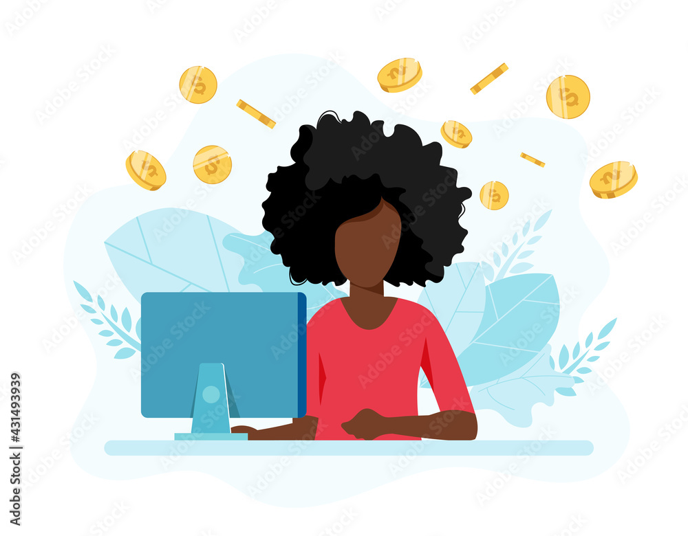 Earn money online, woman with a computer and coins. illustration in flat style. Work from home, freelancing