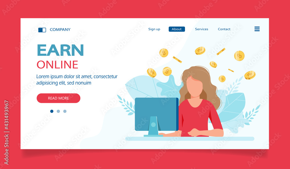 Earn money online, woman with a computer and coins. illustration in flat style. Work from home, freelancing Earn money online, woman with a computer and coins. illustration in flat style. Work from home, freelancing