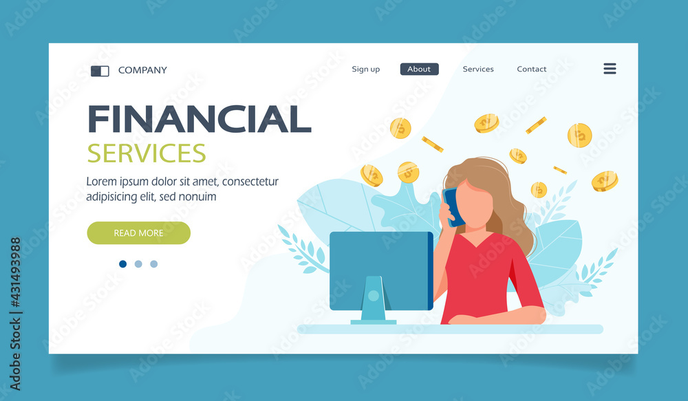 Business woman as financial servicer. Woman with mobile phone sitting in front of computer monitor with coins around her. Financial services vector banner. Flat illustration