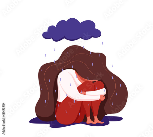 Depressed sad lonely woman in anxiety, sorrow vector cartoon illustration.