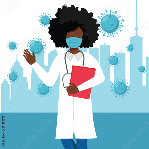 Black female doctor wearing a medical mask and gloves. Coronavirus COVID-19 prevention concept. Vector illustration in flat style