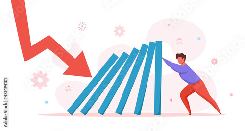 Domino effect of businessman pushing hard against falling domino vector illustration