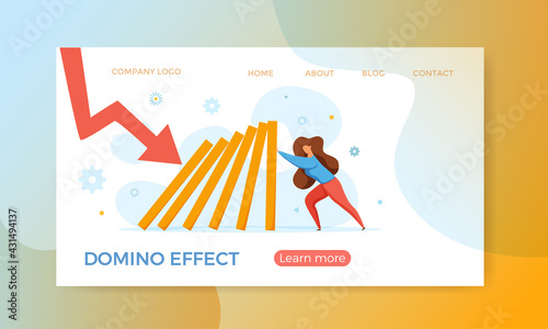 Domino effect of businessman pushing hard against falling domino vector illustration