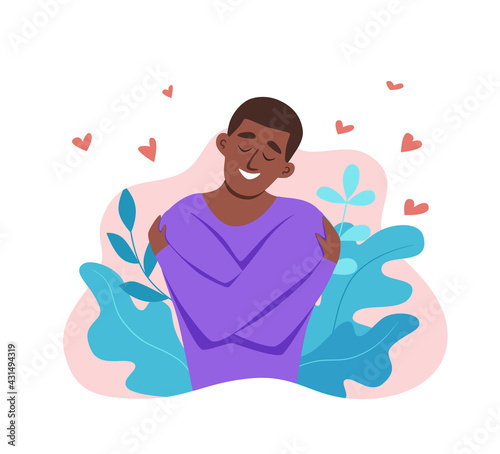 Love yourself African American men hugging herself with enjoying emotions vector illustration.