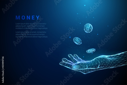 Abstract blue giving hand with flying coins
