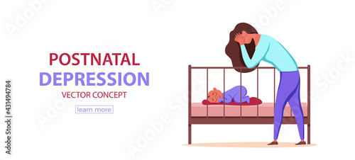 Postpartum depression illustration of sad tired woman near newborn baby sleeping in flat style.