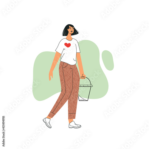 Volunteer and volunteering concept. Young ecologist character in white shirt with heart. Altruistic activity, environmental protection. Flat outline cartoon vector illustration isolated on white
