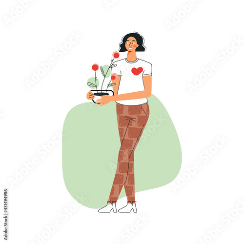 Volunteer and volunteering concept. Young ecologist character in white shirt with heart with green plant in pot. Altruistic activity. Flat outline cartoon vector illustration isolated white background
