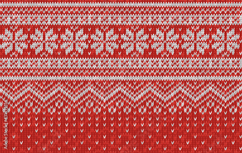 Vector seamless texture of red wool knit. Knitted Christmas and New Year pattern with snowflakes. Template of knitwear for background, wallpaper, backdrop. Scandinavian, Norwegian style