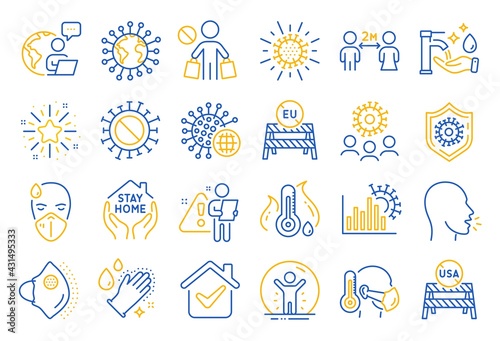 Coronavirus line icons. Medical protective mask, washing hands hygiene, eu shut borders. Stay home, safe distance, coronavirus epidemic mask icons. Covid-19 virus pandemic, usa close borders. Vector