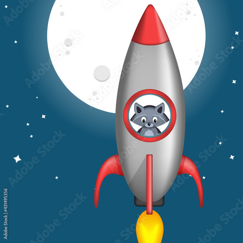 фотографія Cute raccoon on rocket flying to moon into space