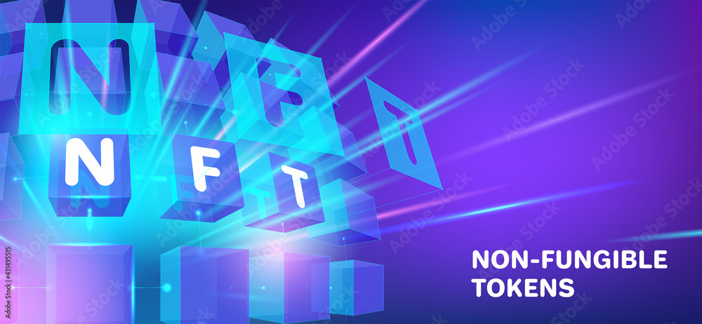 Vector illustration with NFT typography. Concept of non-fungible token, digital items for crypto art, gaming, collectible and blockchain technology for infographics, banner