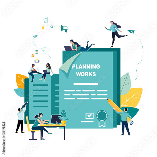Vector illustration. Requirements for document specification, instructions for use, flat style concept. Creative teamwork. Team thinking and brainstorming, analysis of company information.Green design