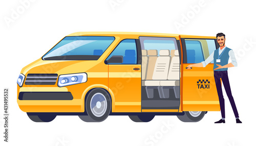 Taxi driver inviting passenger get into Minibus taxi. Van car driver service. Cab Company Business. Welcome hand gesture. Vector illustration, flat design, cartoon style. Isolated background