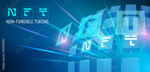 Vector illustration with typography NFT on blue background 3D cubes. Concept of non-fungible token, unique digital items for crypto art, gaming, collectible and blockchain technology for infographics