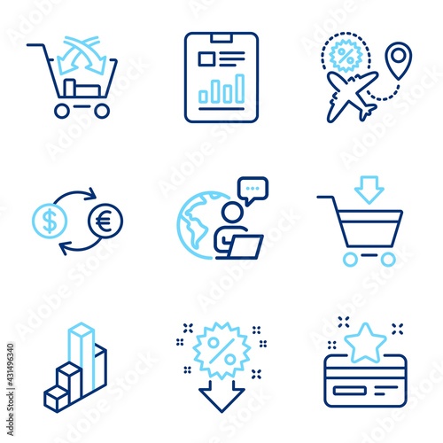 Finance icons set. Included icon as Discount, Report document, 3d chart signs. Loyalty card, Currency exchange, Flight sale symbols. Online market, Cross sell line icons. Line icons set. Vector