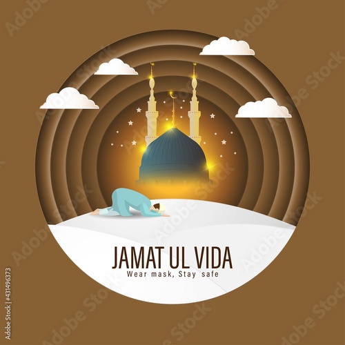 Vector illustration concept of Jamat Ul-Vida, last Friday of Ramadhan month. Wear mask, Stay Safe.