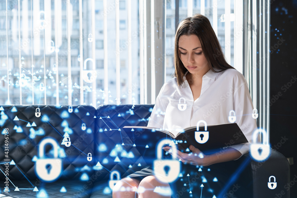 Portrait of attractive businesswoman working with documents and thinking how to protect clients confidential information and cyber security. IT hologram padlock icons over office background. Portrait of attractive businesswoman working with documents and thinking how to protect clients confidential information and cyber security. IT hologram padlock icons over office background.